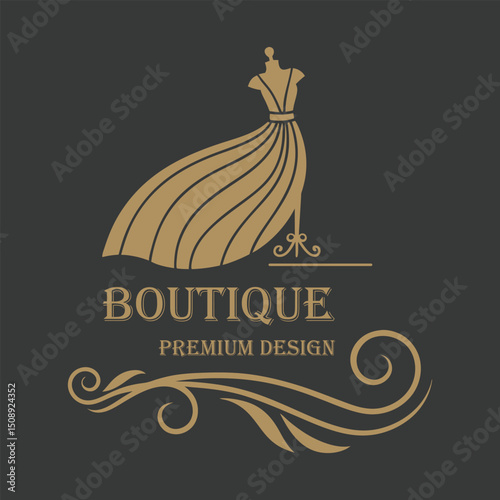 Elegant Boutique Logo Design with Mannequin and Floral Swirls in Gold