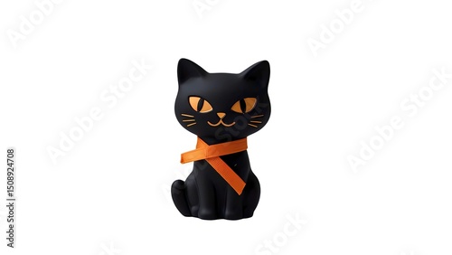 A cute and stylized black cat figurine with bright orange eyes and whiskers, wearing a simple orange ribbon around its neck. The cat is posed sitting upright, exuding a playful yet subtly spooky.