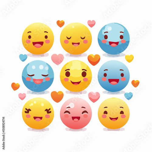 Kawaii Style Vector Emoji Set with Cute Round Faces and Blushing Cheeks