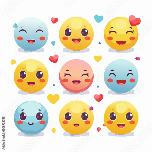 Kawaii Style Vector Emoji Set with Cute Round Faces and Blushing Cheeks