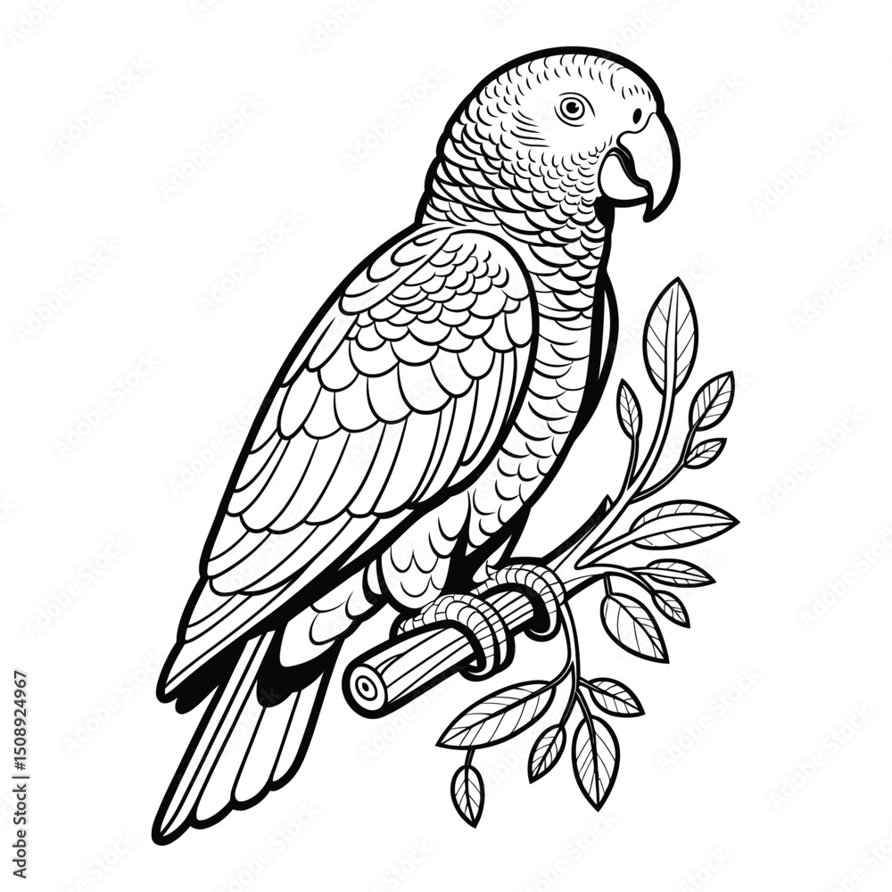 Fototapeta premium African Grey Parrot Coloring Page, Silhouette, Vector, Illustration, Outline, Logo, White Background.
