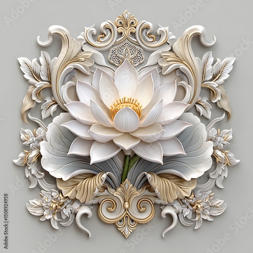 Intricate 3D floral artwork featuring blooming lotus and ornamental swirls in cream tones high resolution photo