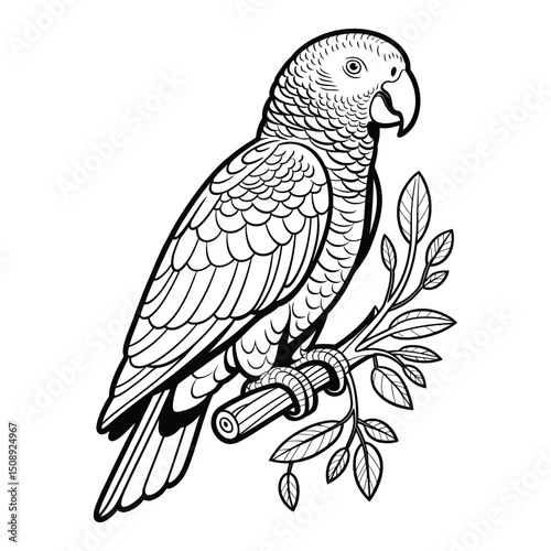 African Grey Parrot Coloring Page, Silhouette, Vector, Illustration, Outline, Logo, White Background.
