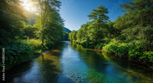 Clean river in green forest under blue sky | nature landscape | world environment day | environment day poster | world environment day drawing 4k hd high quality nature wallpaper background