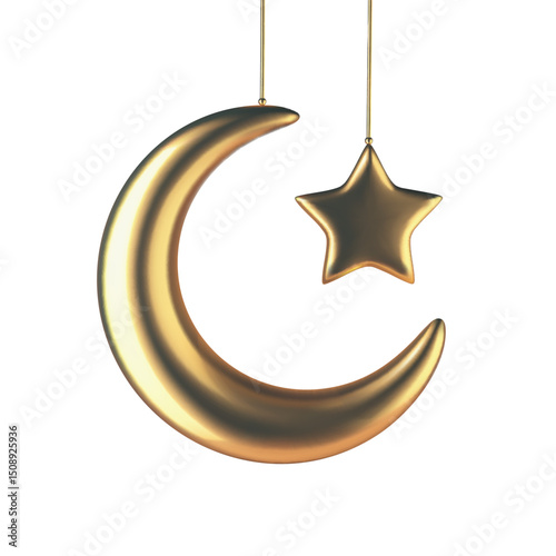 Golden crescent moon Ramadan vector and star hanging. Ramadan Kareem 3d greeting card. Eid Mubarak 3d vector illustration, gold Ramadan symbol