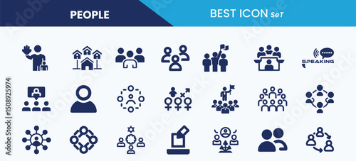 Collection of solid icon sets for people. Community, vote, speech, collective, audience, member, culture and vector illustration.