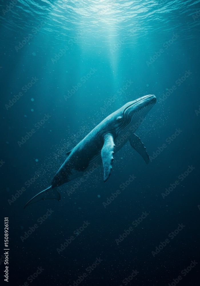Fototapeta premium Majestic whale portrait in deep ocean sunlight