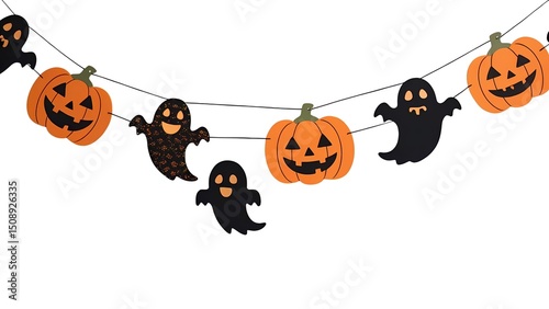 A festive Halloween garland featuring alternating orange jack-o'-lantern pumpkins and black ghost shapes, strung on a line.