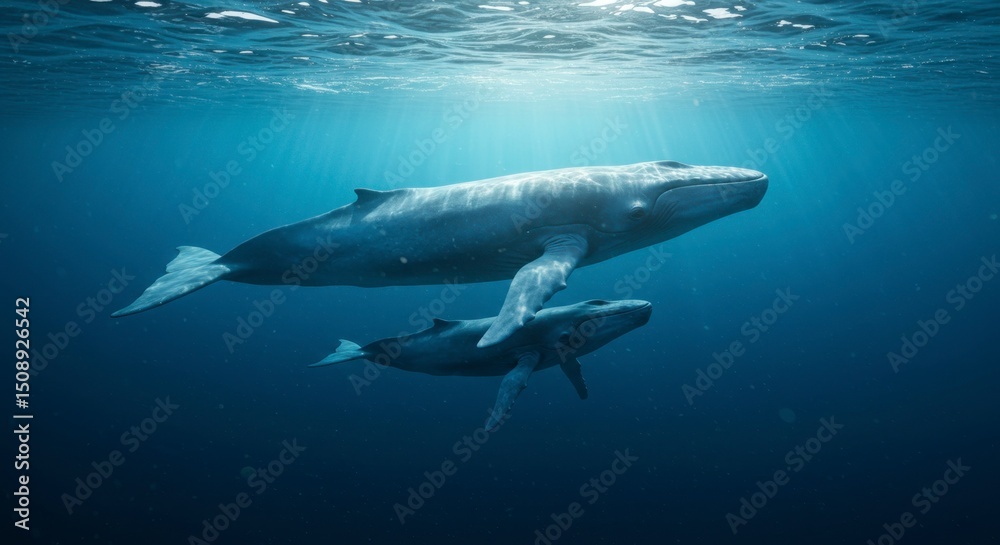 Naklejka premium Two whales swimming in deep blue ocean water