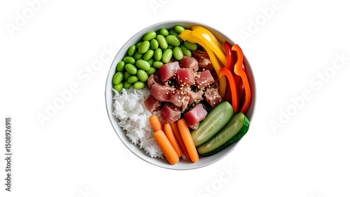 A vibrant and colorful poke bowl, featuring cubed fresh tuna seasoned with sesame seeds, nestled on a bed of white rice.