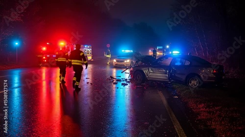Emergency services responding to car accident at night on road  