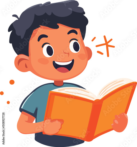 Cartoon boy student smiling while reading book.