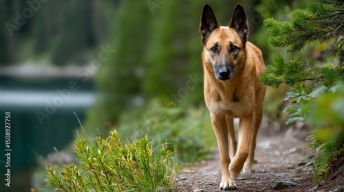 Alert dog walking lakeside path