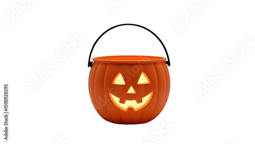  classic orange Halloween pumpkin trick-or-treat pail with a friendly, illuminated jack-o'-lantern face and a black handle.