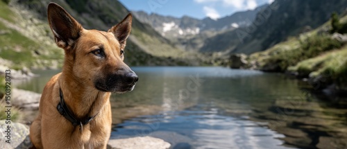 Auburn dog contemplates high altitude lake scene