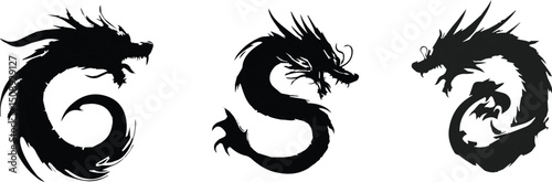Black and white tribal dragon tattoo design vector illustration with ancient Japanese monster beast patterns.