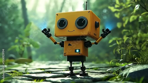 Cheerful robot character with a boxy design standing on a stone path in a lush, vibrant forest