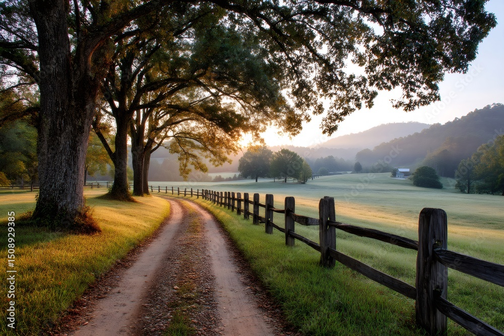 Fototapeta premium Gravel road leading through idyllic countryside at sunrise