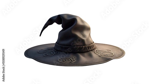 A classic dark, pointed witch's hat with a wide brim, featuring a soft, slightly wrinkled texture and subtle embossed or debossed swirling patterns on the brim.