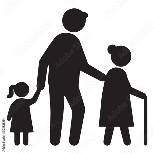 Multigenerational Family Grandparents, Parent, and Child Walking Together, Illustrating Family Bonds and Intergenerational Connections