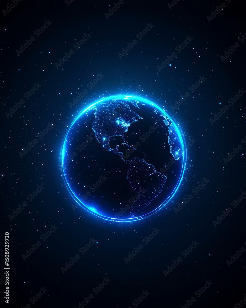 Fototapeta premium Glowing Earth in dark themed background, surrounded by stars, creates captivating cosmic scene
