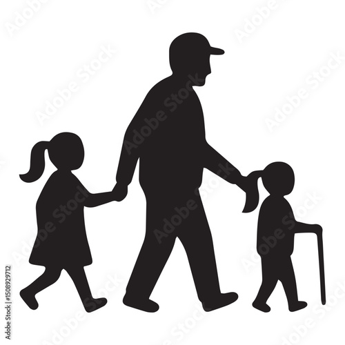 Grandfather Walking with Granddaughters A Silhouette Illustration of Family Bond