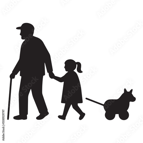 Grandfather, Granddaughter, and Dog A heartwarming silhouette illustration of family bonding and intergenerational connection.