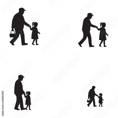 Silhouette Illustration Grandfather and Granddaughter Walking, Family Bond,  Loving Moments, Simple Design, Vector Art