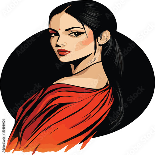 Black and white vector illustration of a beautiful woman's face with long, flowing hair, captivating eyes, and stylish red lips.