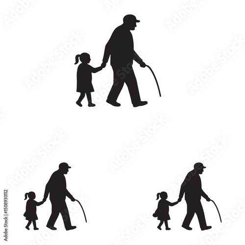 Silhouette Illustration Grandfather and Grandchild Walking Hand-in-Hand, Multiple Variations