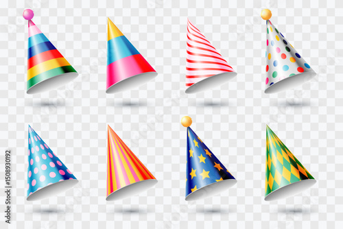 Colorful realistic 3d party cone hats set. Vector design elements collection for birthday party, anniversary holiday
