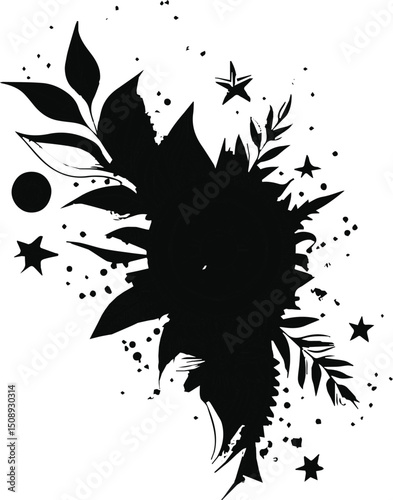 Black ink grunge vector splatters and blotches form a dirty, artistic pattern element.