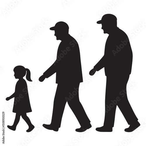 Silhouette of a girl walking with two adult men, representing family, generation, and togetherness.