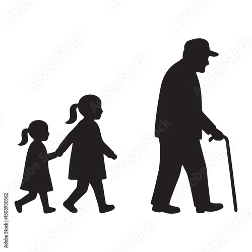 Silhouette Illustration Generations Walking Together, Grandparent, Children, Family Bond