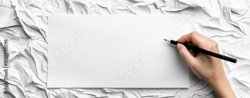 Hand holding pencil is poised above blank sheet of paper, set against backdrop of crumpled white paper, evoking sense of creativity
