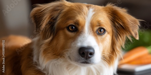 Beautiful dog with soulful amber eyes stares intently