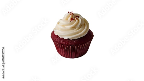 A classic red velvet cupcake, elegantly topped with a swirl of rich white cream cheese frosting and lightly sprinkled with red crumbs.