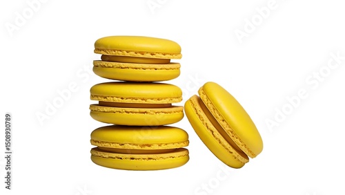 A perfectly stacked tower of five vibrant yellow macarons stands alongside a single, leaning yellow macaron, all presented against a crisp white background.