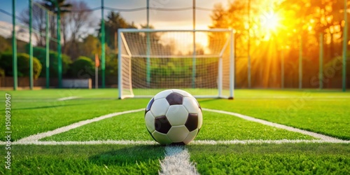 Soccer ball placed on green football turf with goalpost in background, surrounded by lush greenery and vibrant yellow lines, athletic equipment, sports field