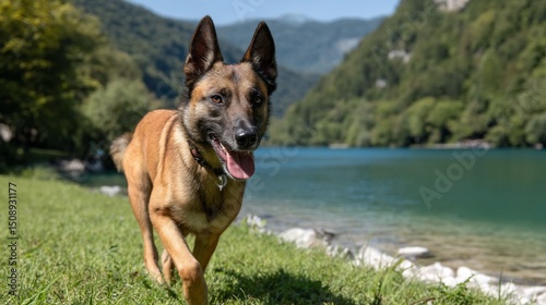 Belgian dog enjoying lakeside run