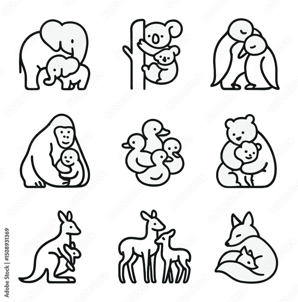 Obraz premium Animal Family Icons. Outline icon set of animal family hugs: elephant mother and calf, koala hugging tree, penguin parents,