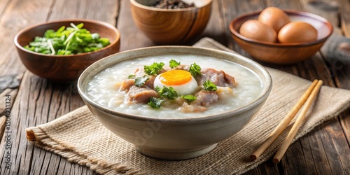 Steaming bowl of congee with tender pork and a soft-boiled egg on top