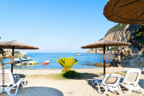Fototapeta Naklejka Na Ścianę i Meble -  Paleokastritsa beach and Ionian sea on Korfu, Greece
