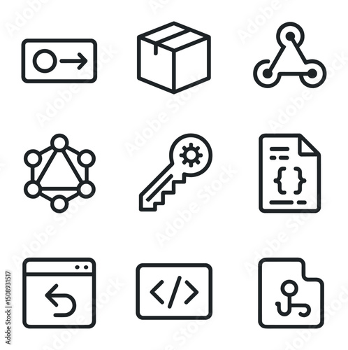 API Icons Grid. Outline icon set of integration APIs and SDKs: API endpoint, SDK package box, webhook hook, REST API document,