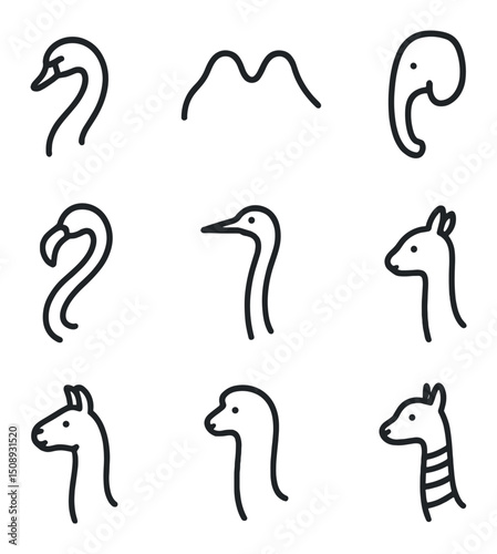 Animal Neck Icon Set. Outline icon set of comparative animal necks: swan neck, camel humps, elephant trunk, flamingo S-curve,
