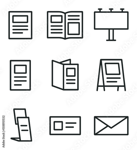 Ad Mockup Icon Set. Outline icon set of print advertisement mockups: magazine page, newspaper spread, billboard, flyer, brochure,