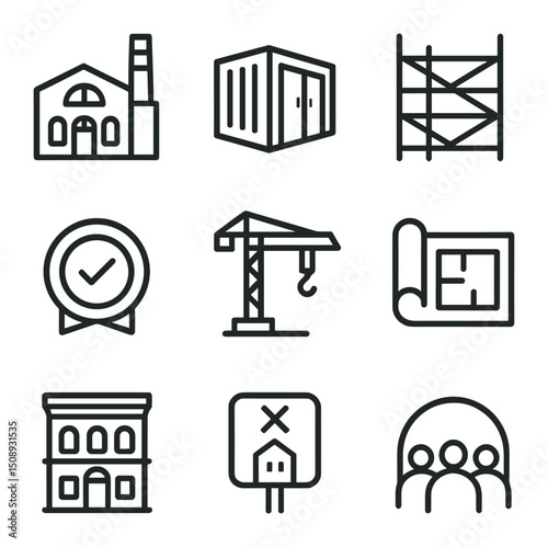 Adaptive Reuse Icons. Outline icon set of adaptive reuse projects: renovated factory, container module, scaffolding, preservation