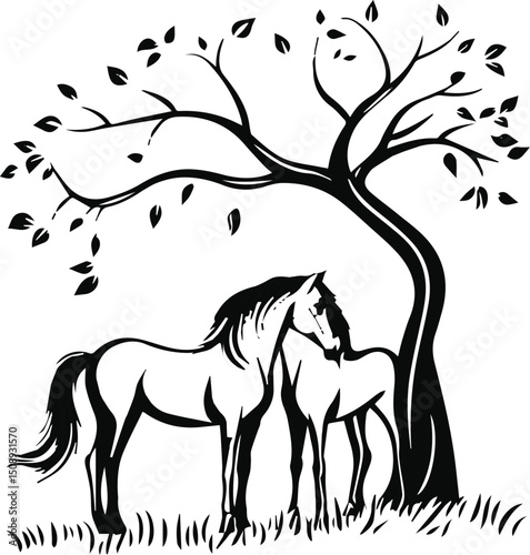 Galloping black horse silhouette vector illustration of a wild stallion in nature.