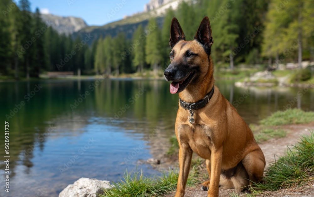 Belgian Malinois dog by mountain lake Belgian Malinois dog by mountain lake
