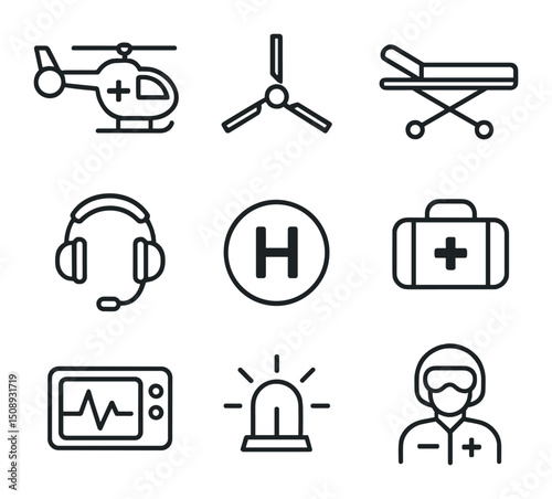 Air Ambulance Icons. Outline icon set of air ambulance operations: medical helicopter, rotor blades, patient stretcher, onboard